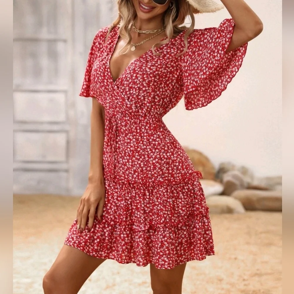 New Boho Flowy Mini Floral Tiered Dress Red White - Picture 2 of 8